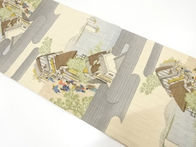 手織り真綿紬　時代風景模様織り出し　袋帯